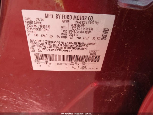 Продаж на аукціоні авто 2014 Lincoln Mkx, vin: 2LMDJ6JKXEBL09577, номер лоту: 45784450