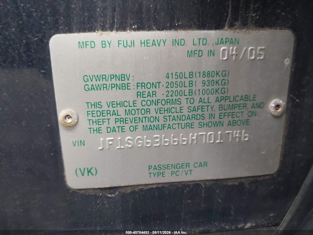 Aukcja sprzedaży 2006 Subaru Forester 2.5x, vin: JF1SG63666H701746, numer aukcji: 45784453