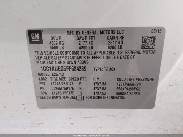 Aukcja sprzedaży 2015 Chevrolet Silverado 2500hd Built After Aug 14 Work Truck, vin: 1GC1KUEG5FF634339, numer aukcji: 45784472