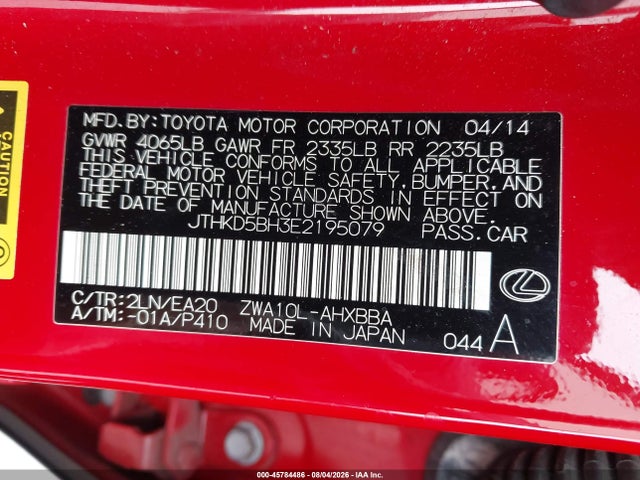 45784486 :رقم المزاد ، JTHKD5BH3E2195079 vin ، 2014 Lexus Ct 200h مزاد بيع