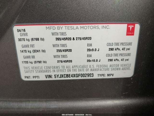 Tesla Model X 75d/p100d/p90d 2016 5YJXCBE4XGF002993 Image 9