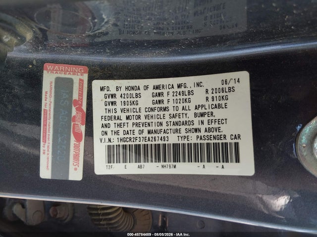 Продаж на аукціоні авто 2014 Honda Accord Lx, vin: 1HGCR2F37EA267493, номер лоту: 45784489