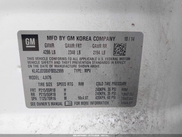 45784491 :رقم المزاد ، KL4CJDSBXFB052999 vin ، 2015 Buick Encore Premium مزاد بيع