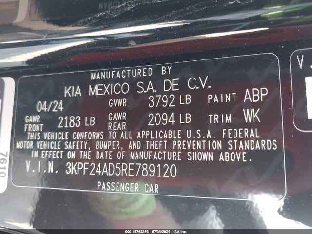 Aukcja sprzedaży 2024 Kia Forte Lxs, vin: 3KPF24AD5RE789120, numer aukcji: 45784493