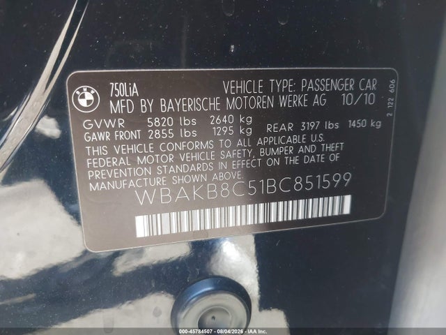 2011 Bmw 750li მანქანა იყიდება აუქციონზე, vin: WBAKB8C51BC851599, აუქციონის ნომერი: 45784507