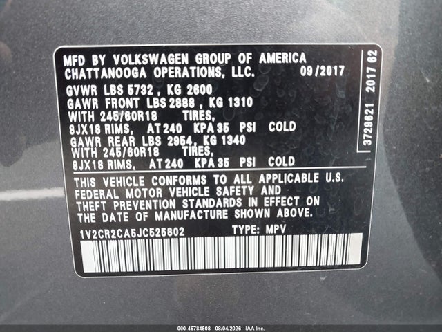 2018 Volkswagen Atlas 3.6l V6 Se მანქანა იყიდება აუქციონზე, vin: 1V2CR2CA5JC525802, აუქციონის ნომერი: 45784508