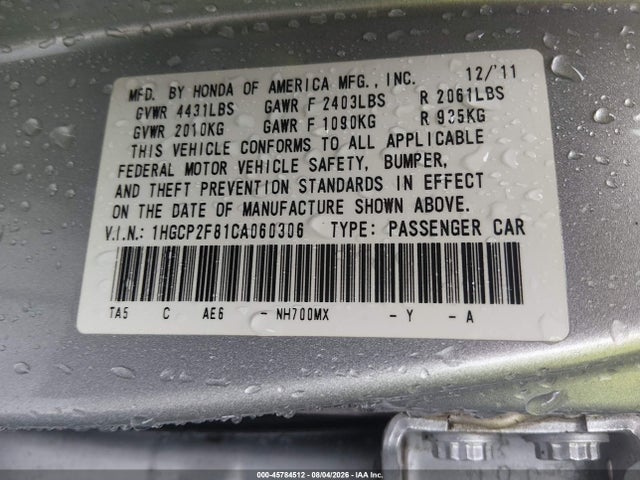 Продажа на аукционе авто 2012 Honda Accord 2.4 Ex-l, vin: 1HGCP2F81CA060306, номер лота: 45784512