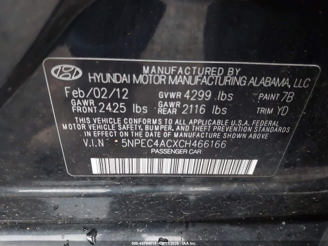 2012 Hyundai Sonata Limited მანქანა იყიდება აუქციონზე, vin: 5NPEC4ACXCH466166, აუქციონის ნომერი: 45784514
