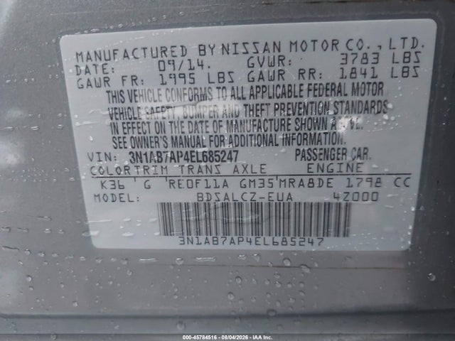 Продажа на аукционе авто 2014 Nissan Sentra S, vin: 3N1AB7AP4EL685247, номер лота: 45784516