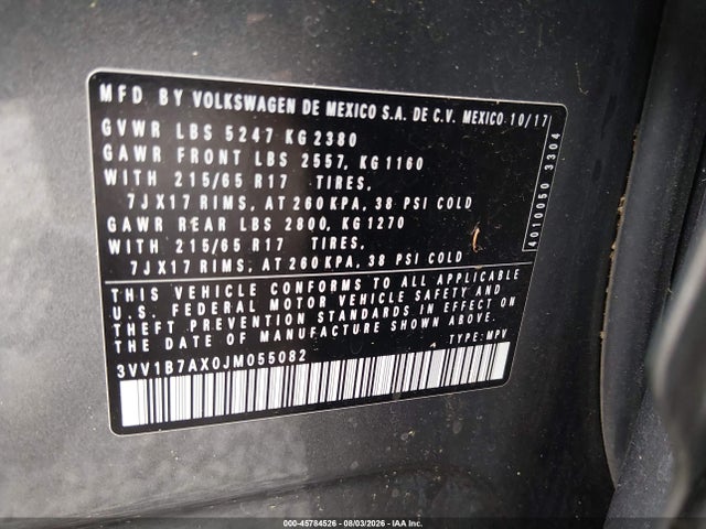 Продажа на аукционе авто 2018 Volkswagen Tiguan 2.0t S, vin: 3VV1B7AX0JM055082, номер лота: 45784526