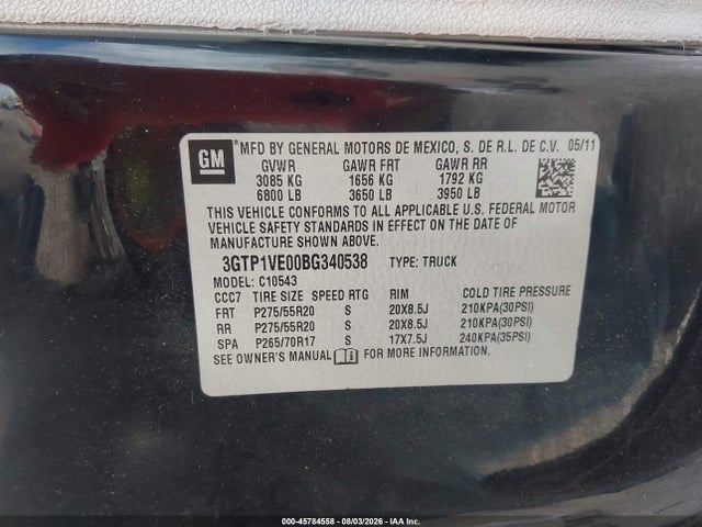 45784558 :رقم المزاد ، 3GTP1VE00BG340538 vin ، 2011 Gmc Sierra 1500 Sle مزاد بيع