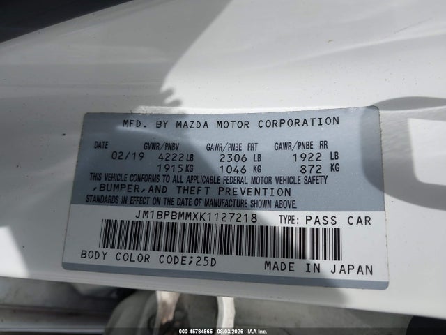 2019 Mazda Mazda3 Preferred Package მანქანა იყიდება აუქციონზე, vin: JM1BPBMMXK1127218, აუქციონის ნომერი: 45784565