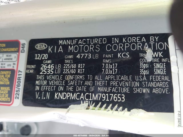 Продаж на аукціоні авто 2021 Kia Sportage Lx, vin: KNDPMCAC1M7917653, номер лоту: 45784568