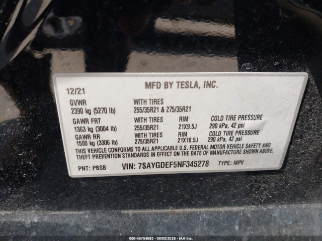 Продаж на аукціоні авто 2022 Tesla Model Y Performance Dual Motor All-wheel Drive, vin: 7SAYGDEF5NF345278, номер лоту: 45784592