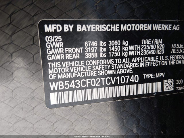 Aukcja sprzedaży 2026 Bmw Ix Xdrive45, vin: WB543CF02TCV10740, numer aukcji: 45784598