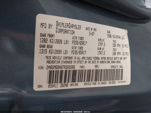 Продажа на аукционе авто 2007 Chrysler Pacifica Touring, vin: 2A8GM68X87R365686, номер лота: 45784614