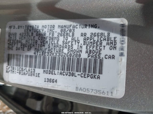 Aukcja sprzedaży 2003 Toyota Camry Xle, vin: 4T1BE32KX3U260280, numer aukcji: 45784615