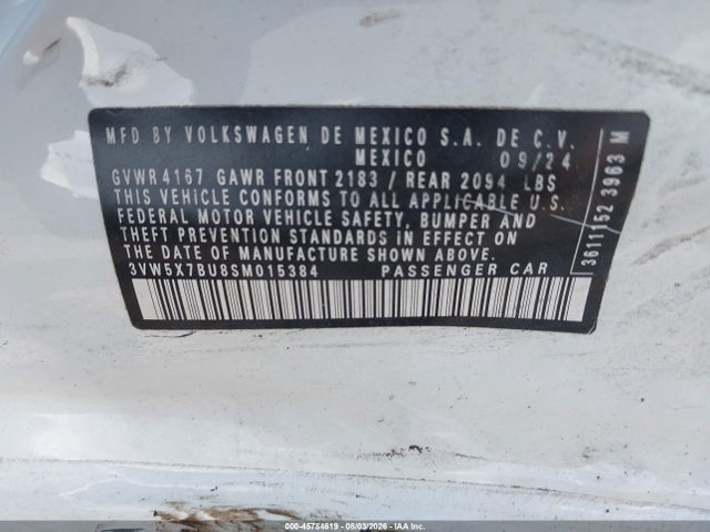 2025 Volkswagen Jetta 1.5t S მანქანა იყიდება აუქციონზე, vin: 3VW5X7BU8SM015384, აუქციონის ნომერი: 45784619