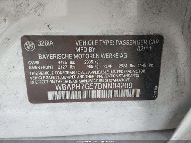 2011 Bmw 328i მანქანა იყიდება აუქციონზე, vin: WBAPH7G57BNN04209, აუქციონის ნომერი: 45784622