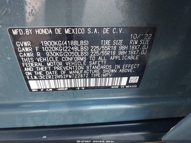 2023 Honda Hr-v Awd Sport მანქანა იყიდება აუქციონზე, vin: 3CZRZ2H52PM722872, აუქციონის ნომერი: 45784637