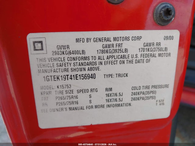 Aukcja sprzedaży 2001 Gmc Sierra 1500 Sle, vin: 1GTEK19T41E156940, numer aukcji: 45784640