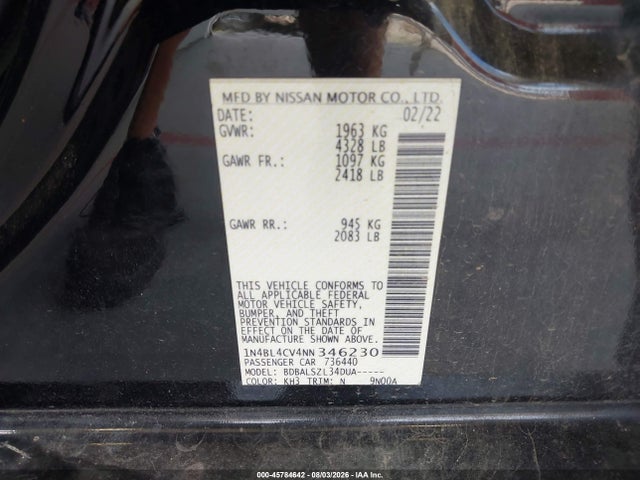 2022 Nissan Altima Sr Fwd მანქანა იყიდება აუქციონზე, vin: 1N4BL4CV4NN346230, აუქციონის ნომერი: 45784642
