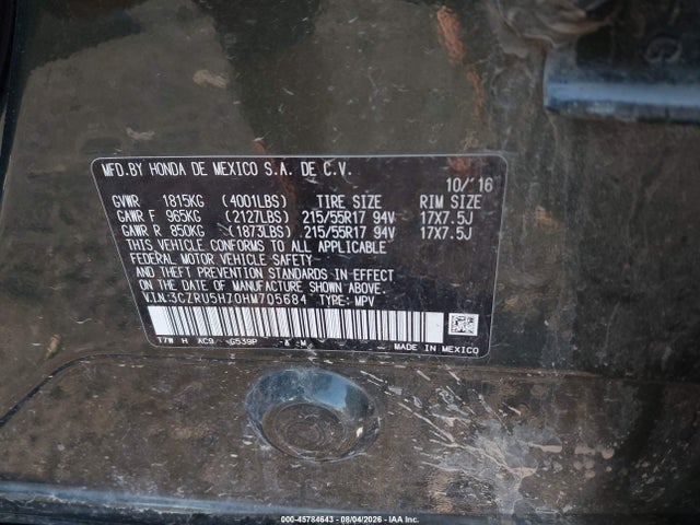 45784643 :رقم المزاد ، 3CZRU5H70HM705684 vin ، 2017 Honda Hr-v Ex-l مزاد بيع