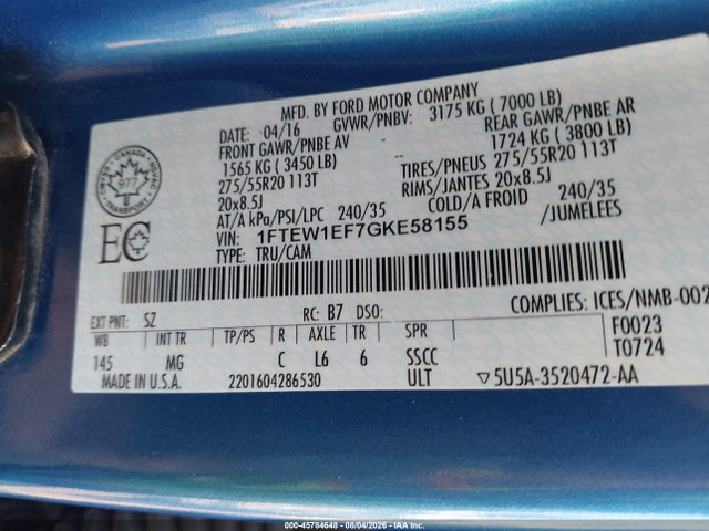 1FTEW1EF7GKE58155 Ford F-150 Xlt