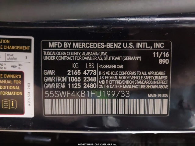 45784652 :رقم المزاد ، 55SWF4KB1HU199733 vin ، 2017 Mercedes-benz C 300 Sport 4matic مزاد بيع