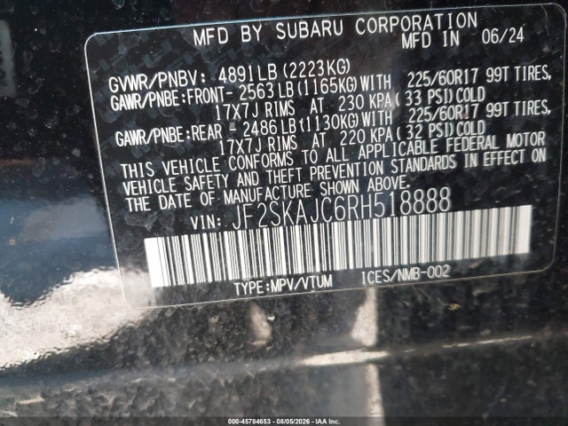 2024 Subaru Forester Wilderness მანქანა იყიდება აუქციონზე, vin: JF2SKAJC6RH518888, აუქციონის ნომერი: 45784653