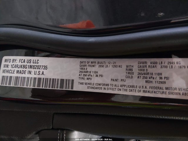 Продаж на аукціоні авто 2021 Jeep Grand Cherokee L Limited 4x4, vin: 1C4RJKBG1M8202735, номер лоту: 45784656
