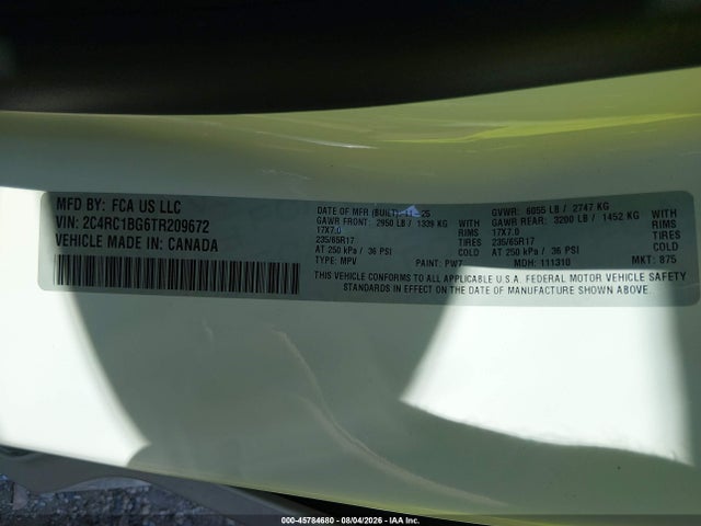 Aukcja sprzedaży 2026 Chrysler Pacifica Select, vin: 2C4RC1BG6TR209672, numer aukcji: 45784680
