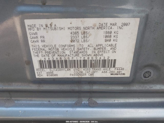 Aukcja sprzedaży 2007 Mitsubishi Galant Es/se, vin: 4A3AB36F17E069432, numer aukcji: 45784682