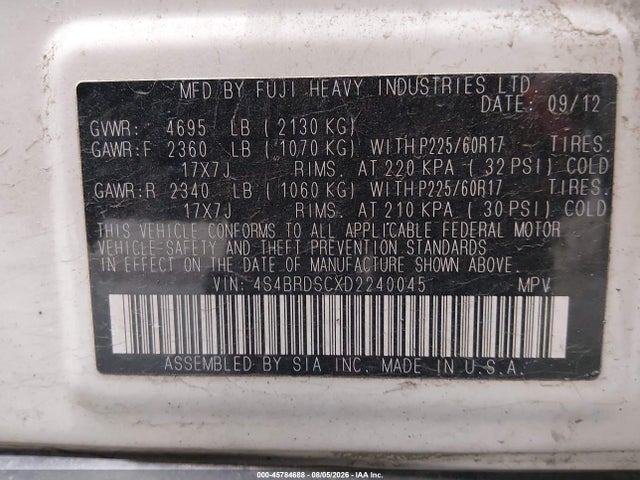 2013 Subaru Outback 3.6r Limited მანქანა იყიდება აუქციონზე, vin: 4S4BRDSCXD2240045, აუქციონის ნომერი: 45784688