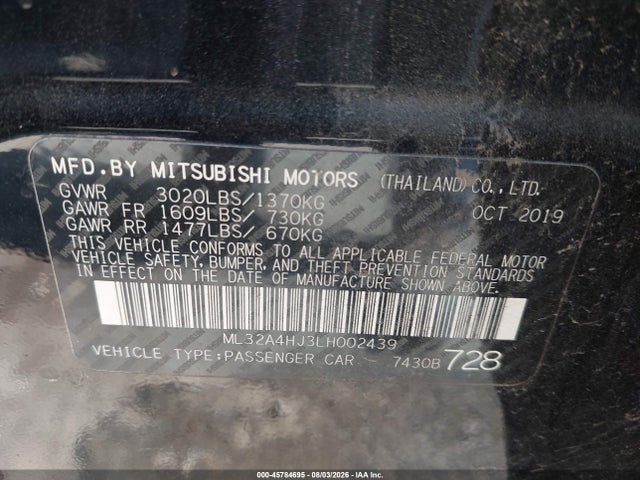 Продаж на аукціоні авто 2020 Mitsubishi Mirage Se, vin: ML32A4HJ3LH002439, номер лоту: 45784695