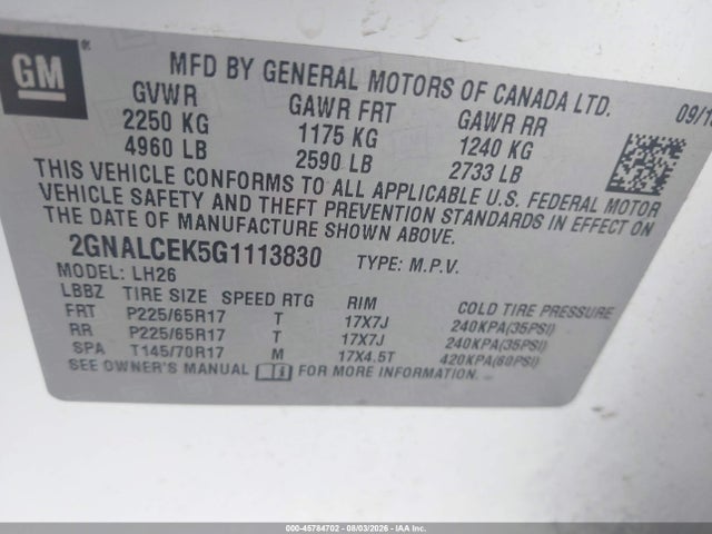 Chevrolet EQUINOX LT 2016 2GNALCEK5G1113830 Image 9