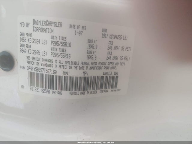 Aukcja sprzedaży 2007 Chrysler Pt Cruiser Touring, vin: 3A4FY58B97T567160, numer aukcji: 45784710
