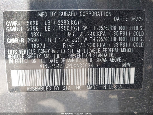 Продажа на аукционе авто 2022 Subaru Outback Touring Xt, vin: 4S4BTGPDXN3262417, номер лота: 45784715