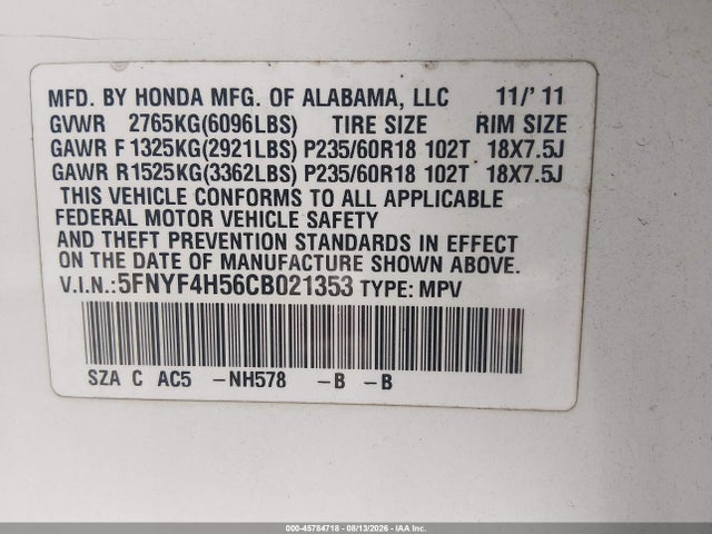 2012 Honda Pilot Ex-l მანქანა იყიდება აუქციონზე, vin: 5FNYF4H56CB021353, აუქციონის ნომერი: 45784718