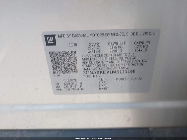 Продажа на аукционе авто 2021 Chevrolet Equinox Fwd Lt, vin: 3GNAXKEV1MS113140, номер лота: 45784724