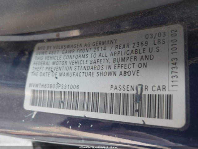 2003 Volkswagen Passat Glx მანქანა იყიდება აუქციონზე, vin: WVWTH63B03P391006, აუქციონის ნომერი: 45784736