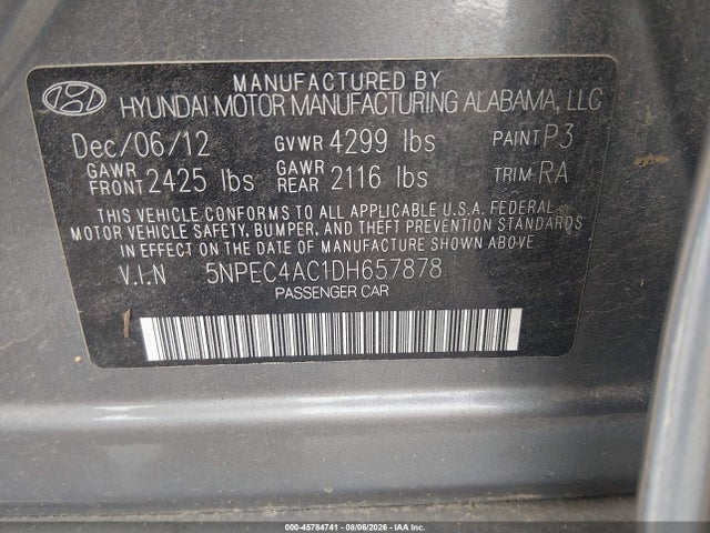 Продаж на аукціоні авто 2013 Hyundai Sonata Limited, vin: 5NPEC4AC1DH657878, номер лоту: 45784741