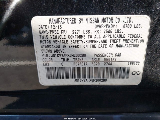 Продаж на аукціоні авто 2016 Infiniti Q50 2.0t Premium, vin: JN1CV7APXGM200280, номер лоту: 45784748
