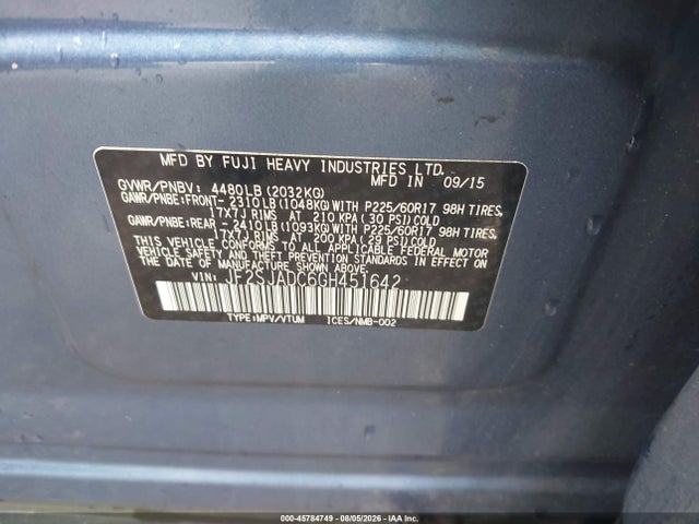 45784749 :رقم المزاد ، JF2SJADC6GH451642 vin ، 2016 Subaru Forester 2.5i Premium مزاد بيع