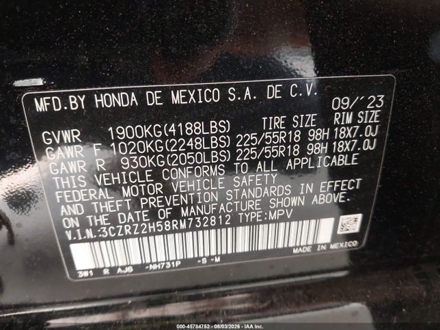45784752 :رقم المزاد ، 3CZRZ2H58RM732812 vin ، 2024 Honda Hr-v Awd Sport/awd Sport W/o Bsi مزاد بيع