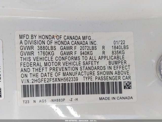 Продажа на аукционе авто 2022 Honda Civic Sport, vin: 2HGFE2F5XNH562339, номер лота: 45784753