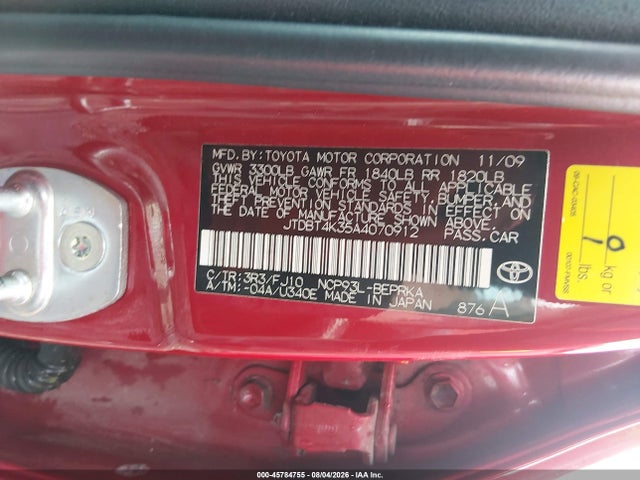 Aukcja sprzedaży 2010 Toyota Yaris, vin: JTDBT4K35A4070912, numer aukcji: 45784755