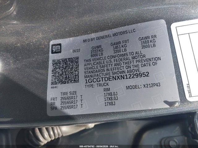 Aukcja sprzedaży 2022 Chevrolet Colorado 4wd  Short Box Z71, vin: 1GCGTDENXN1229952, numer aukcji: 45784762