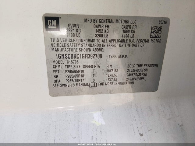 Aukcja sprzedaży 2016 Chevrolet Tahoe Lt, vin: 1GNSCBKC1GR392700, numer aukcji: 45784784