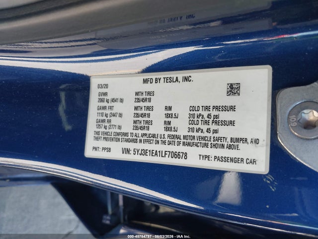 Продаж на аукціоні авто 2020 Tesla Model 3 Standard Range Plus Rear-wheel Drive/standard Range Rear-wheel Drive, vin: 5YJ3E1EA1LF706678, номер лоту: 45784797